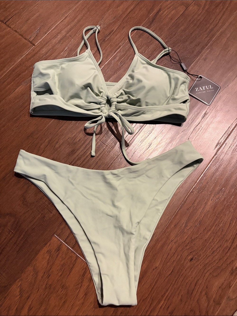 Zaful Light Sage Green Tie-Front Bikini Set